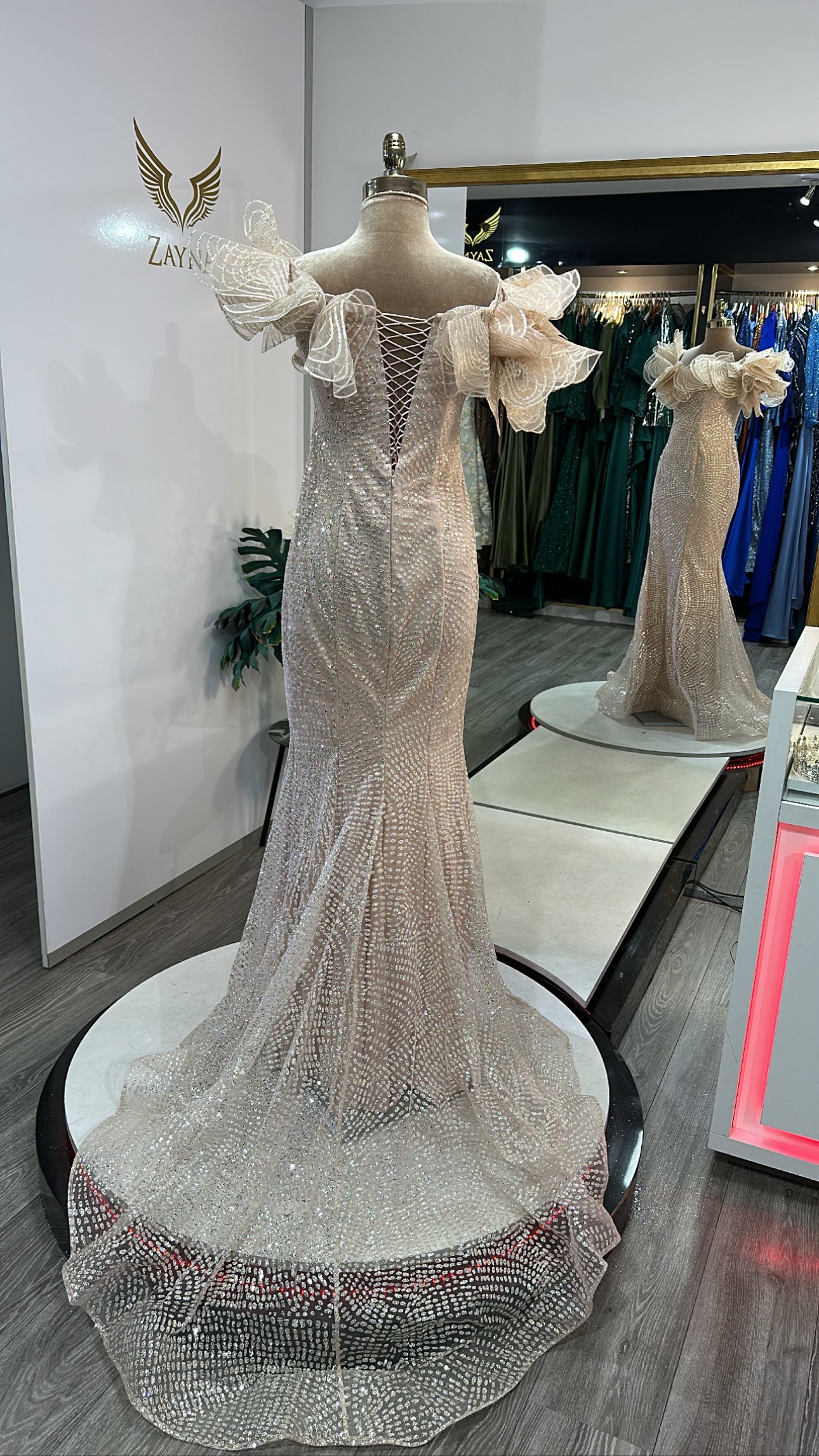 Elegant beige dress design, sparkles