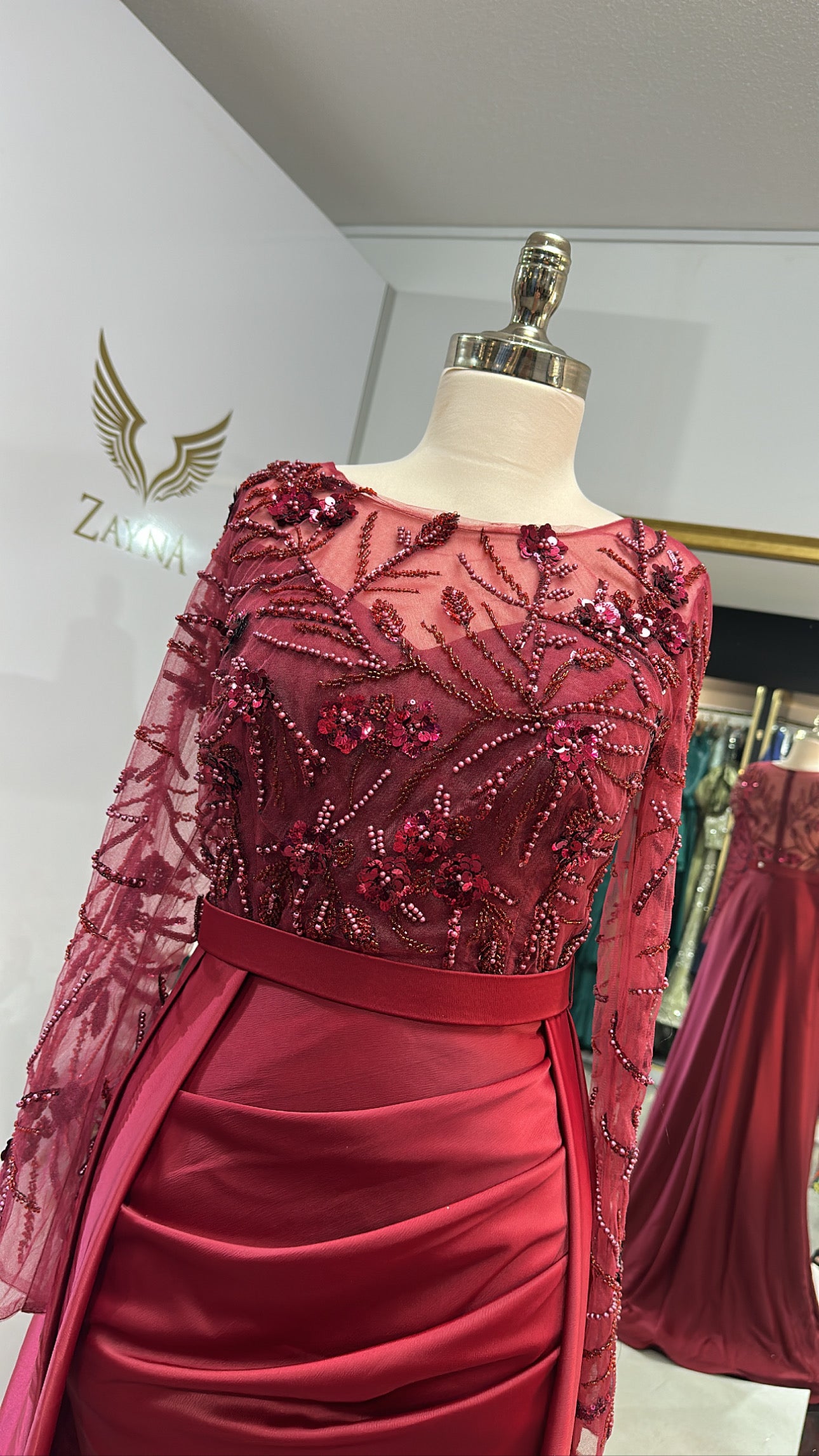 Elegant bordo dress edited, train, satin, tulle