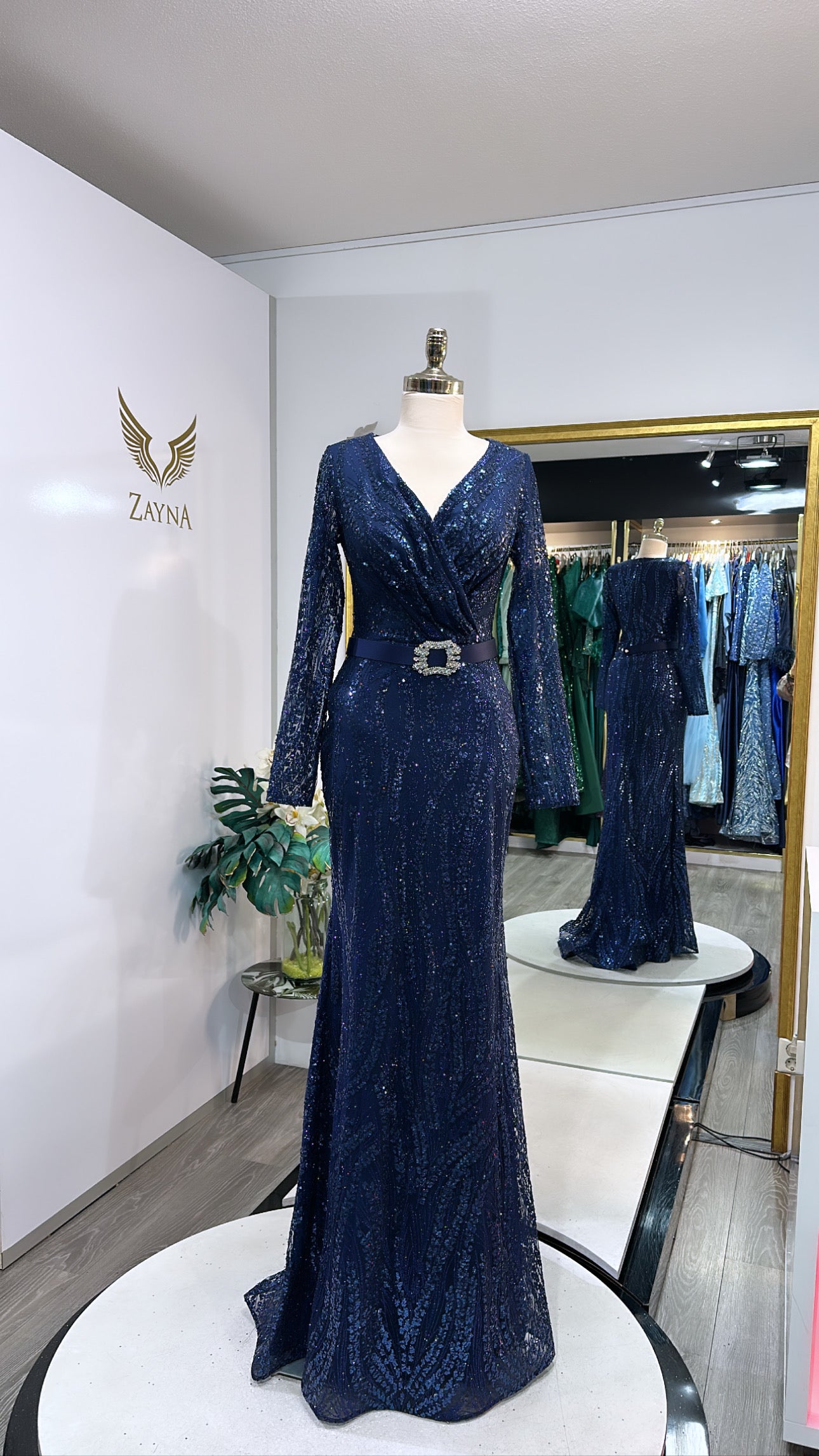 Elegant dark blue dress with belt Zayna Dresses Elegant dark blue dress with belt Zayna Dresses