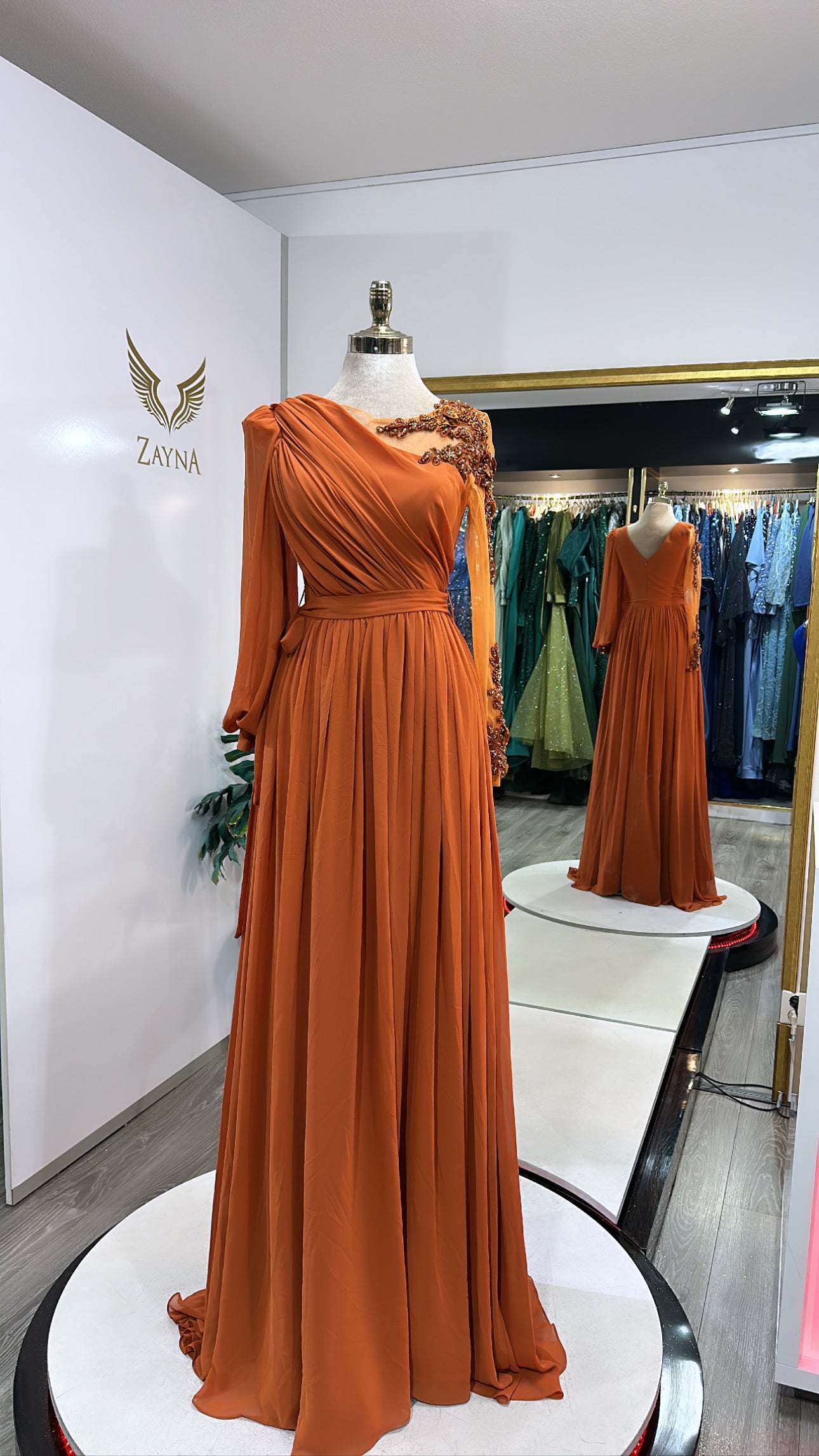 Elegant orange dress chiffon fabric with slit Zayna Dresses Elegant orange dress chiffon fabric with slit Zayna Dresses