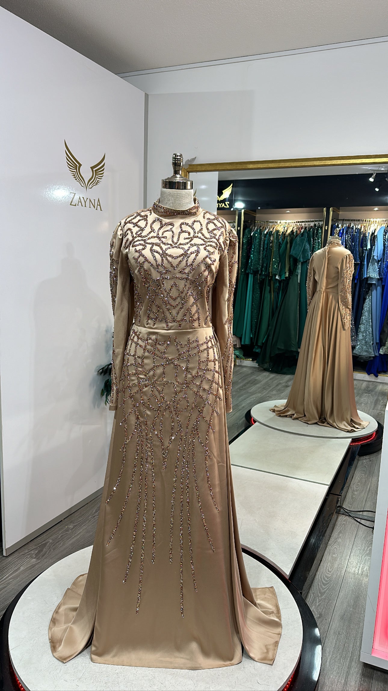 Elegant light brown dress decorated with beads, train Zayna Dresses Elegant light brown dress decorated with beads, train Zayna Dresses