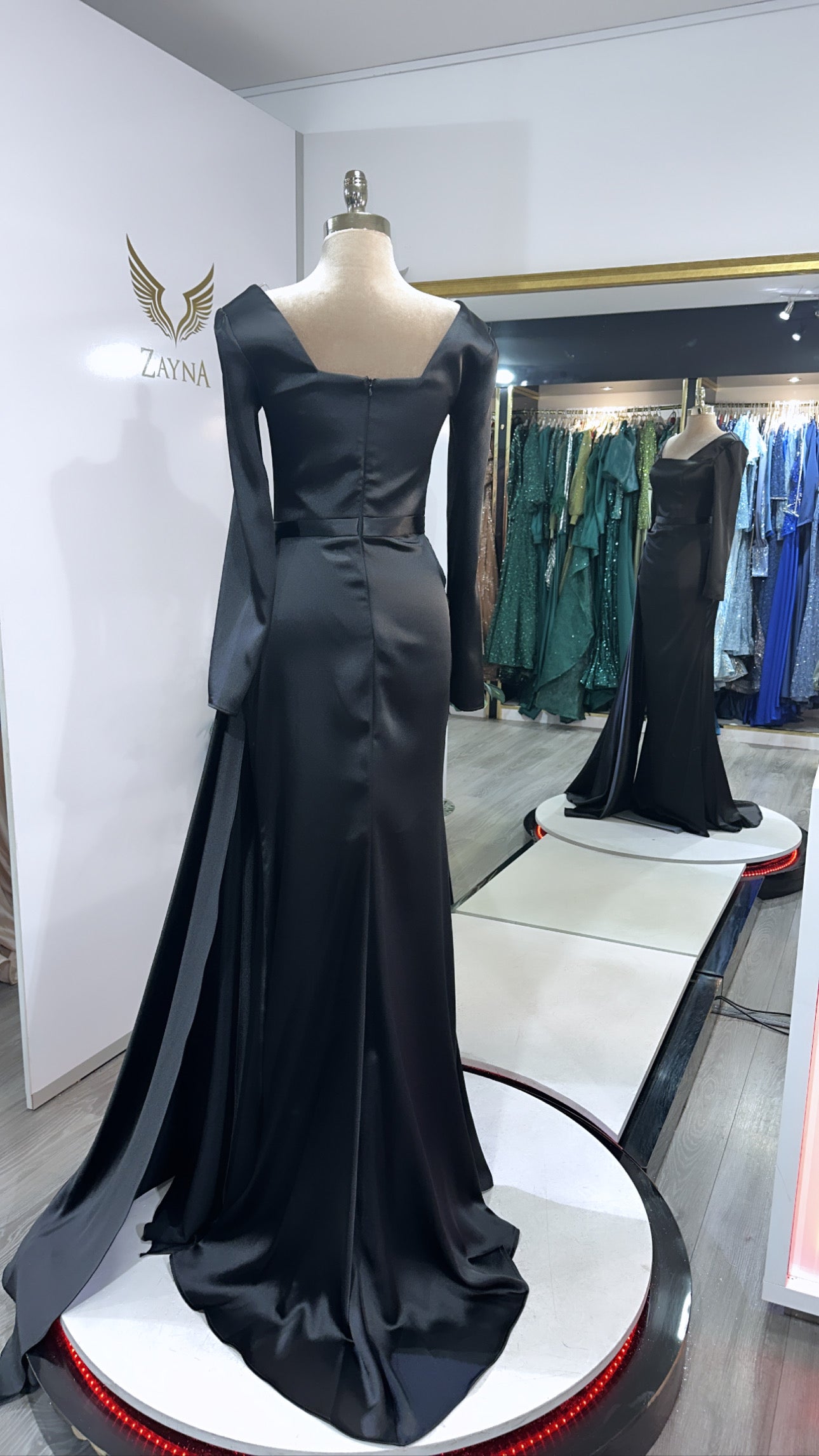 Elegant black dress train, satin