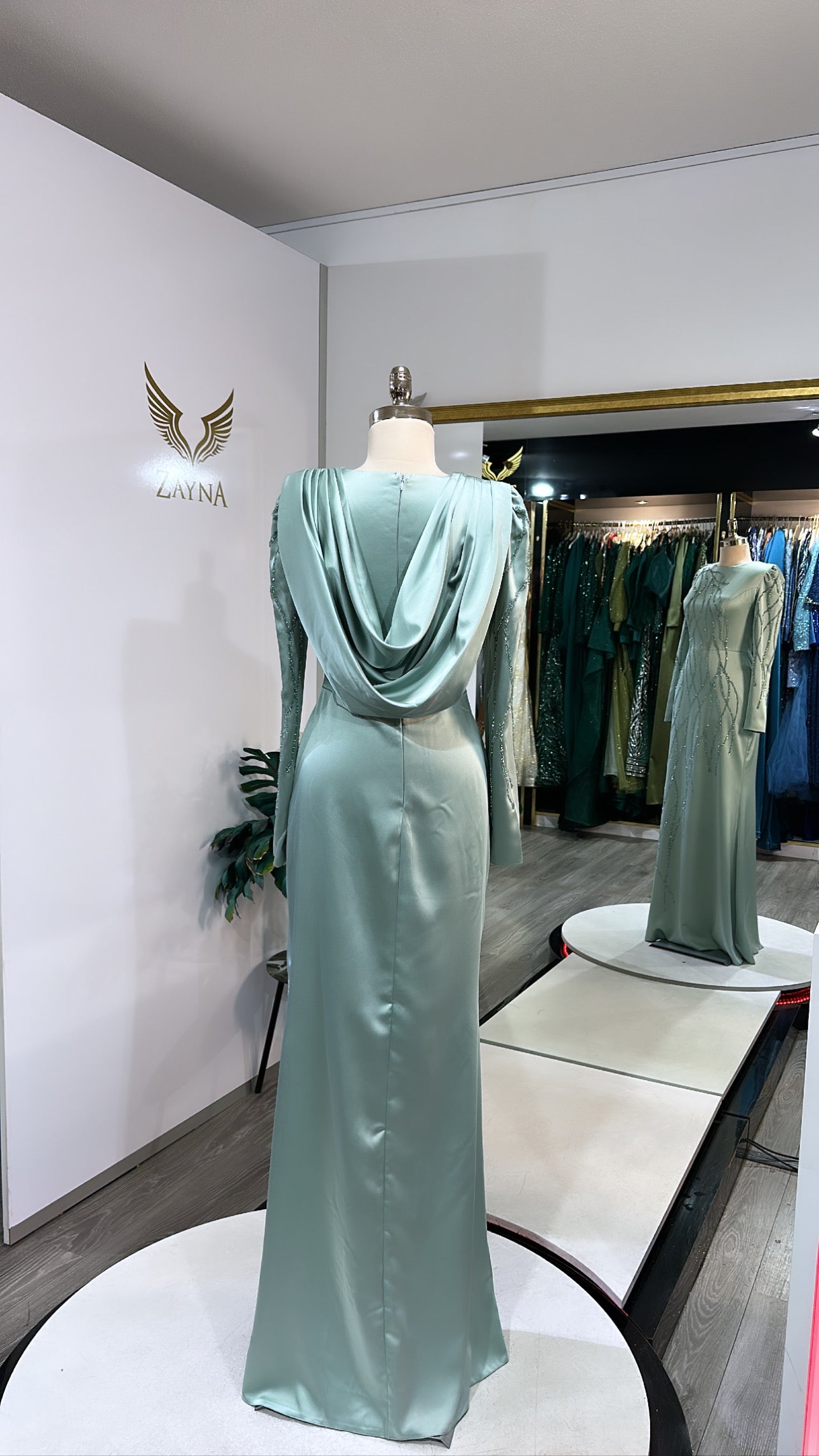 Elegant mint green dress decorated, covered