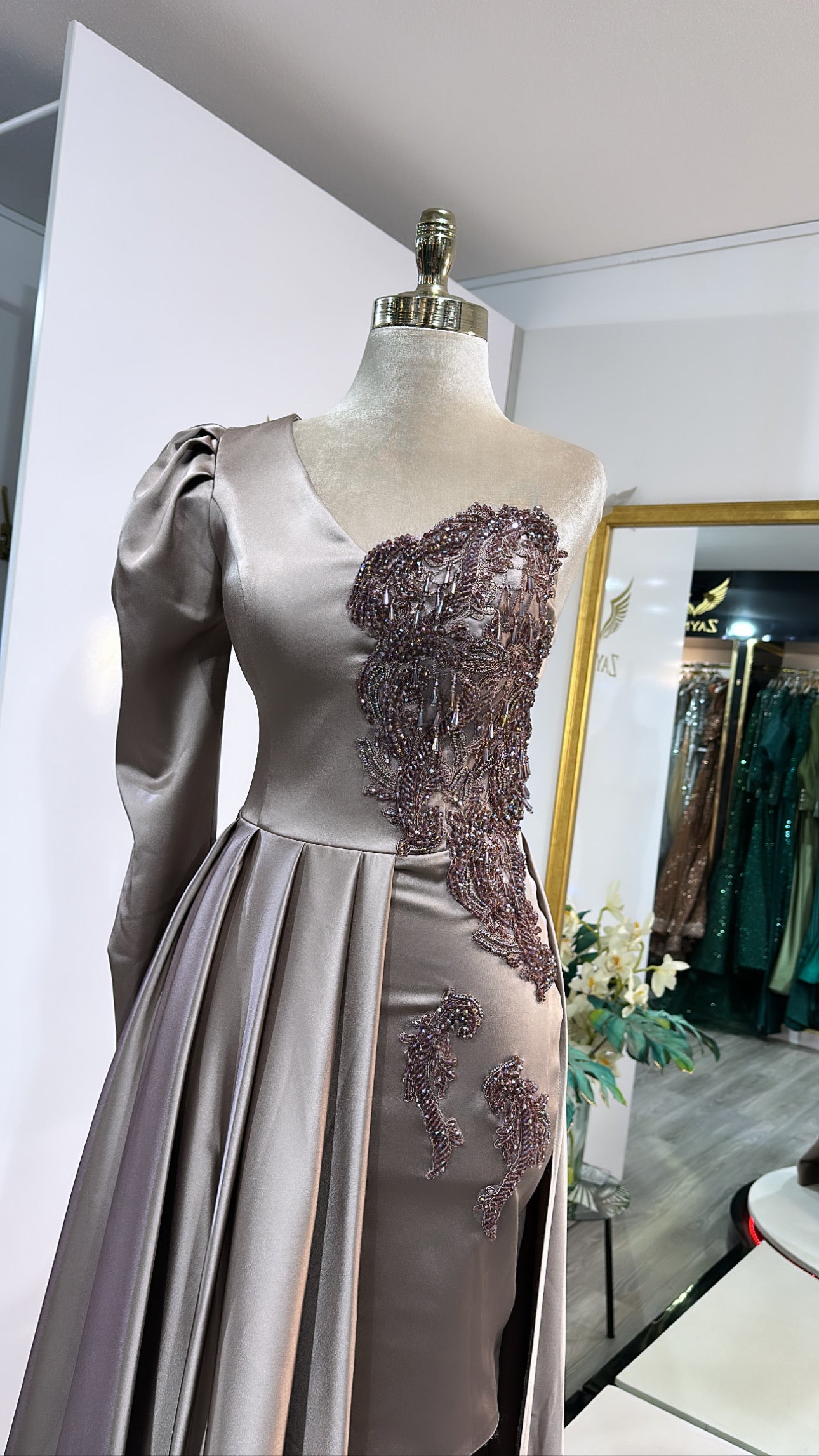 Elegant copper dress worked, train, short skirt, satin