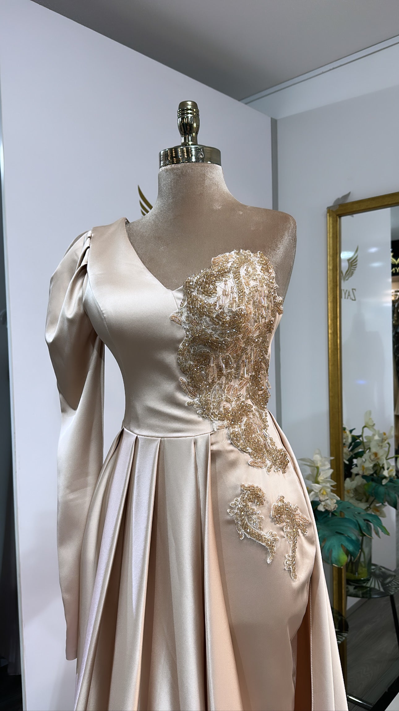 Elegant beige dress worked, train, short skirt, satin