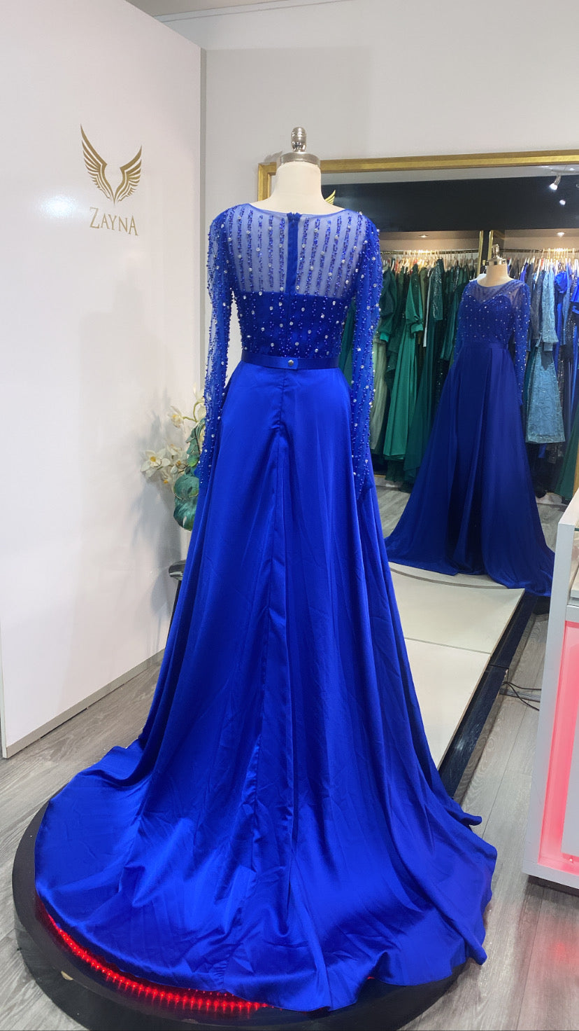 Elegant blue dress decorated with beads satin