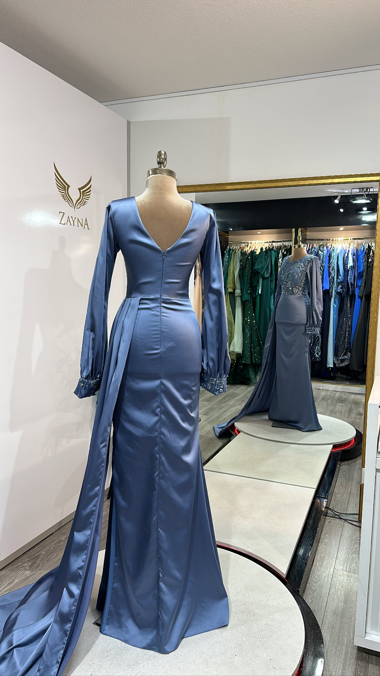 Elegant blue dress with split, glitter, satin