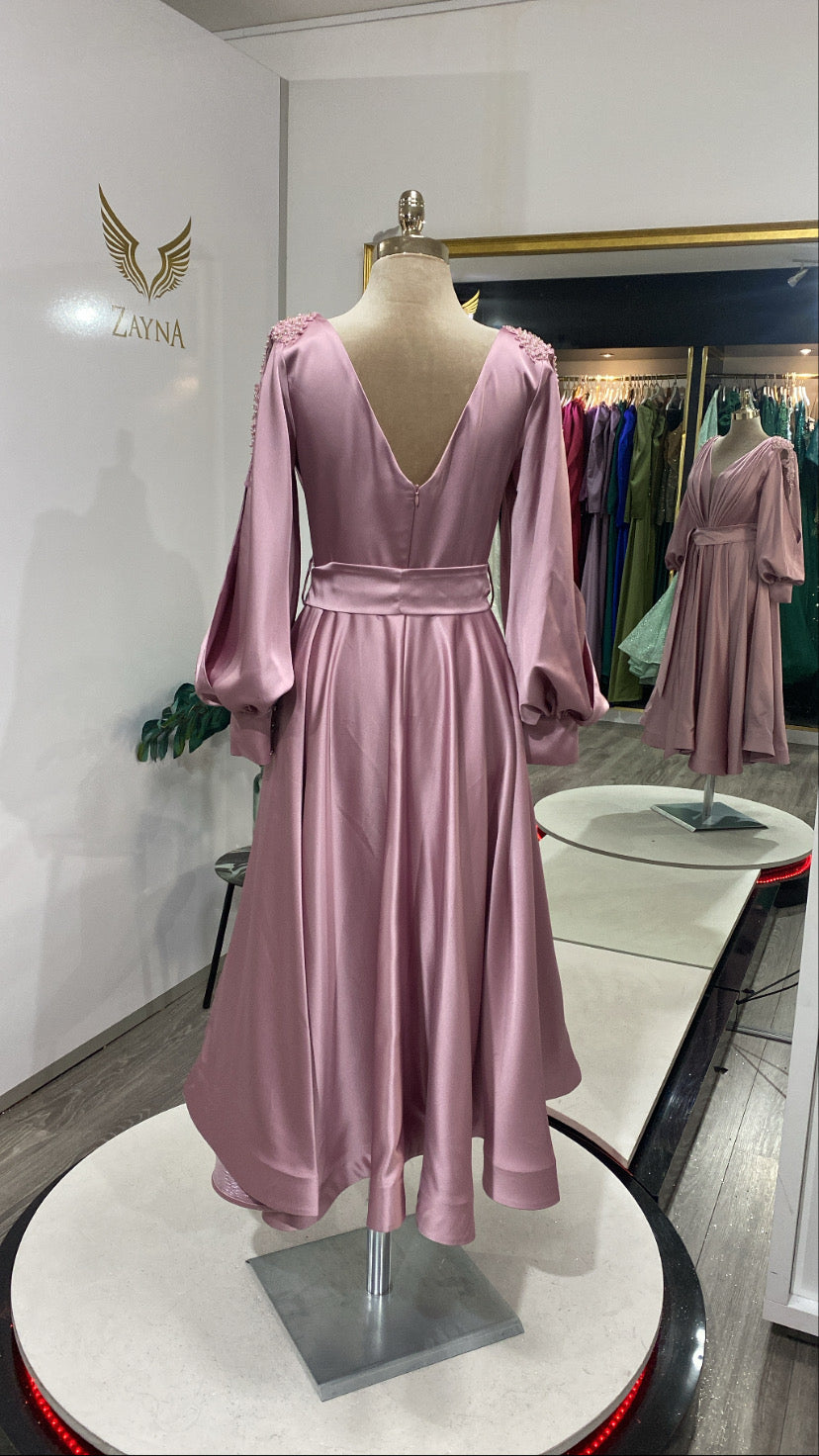 Midi pink dress with embroidered crystals