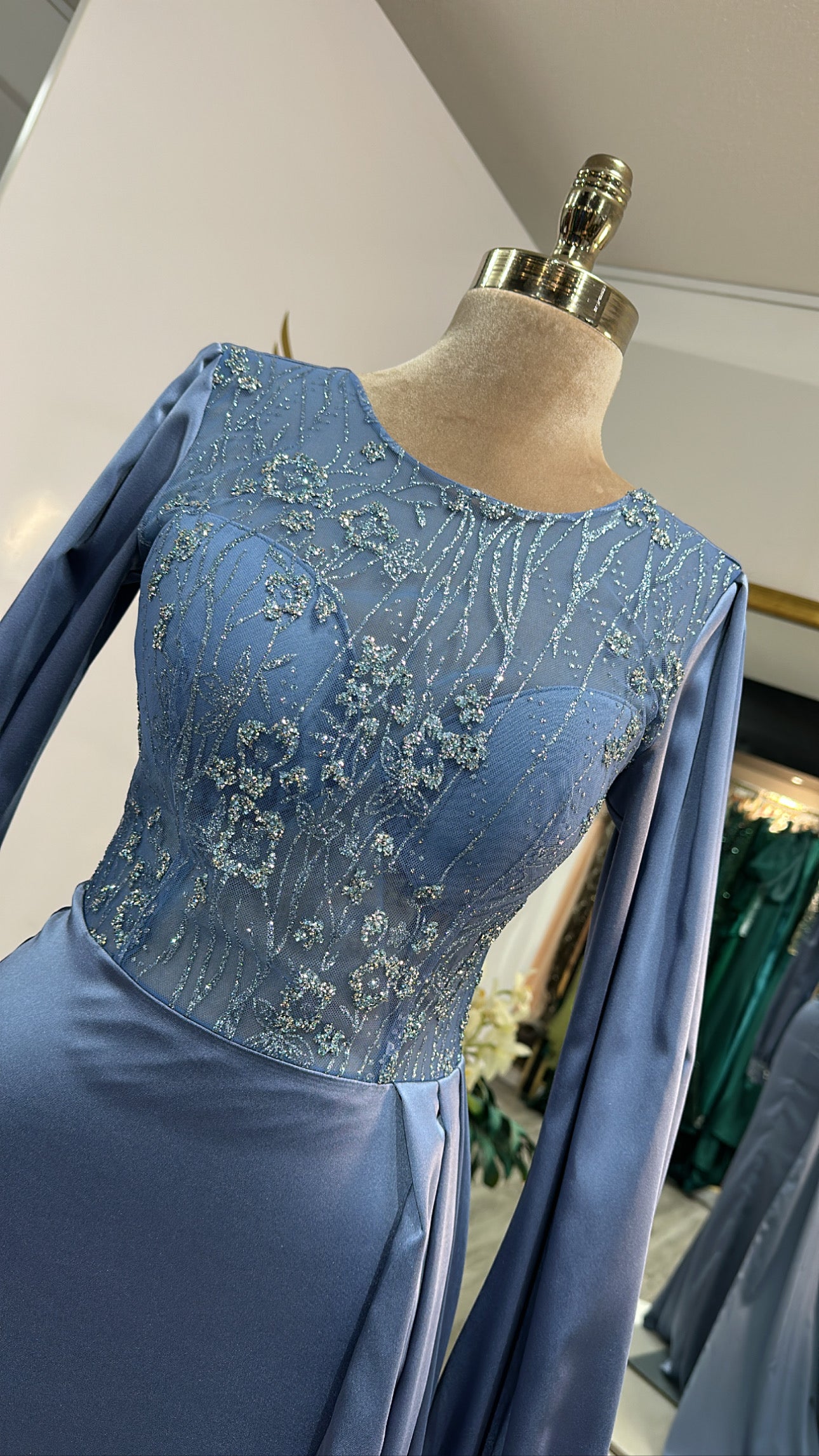 Elegant blue dress with split, glitter, satin