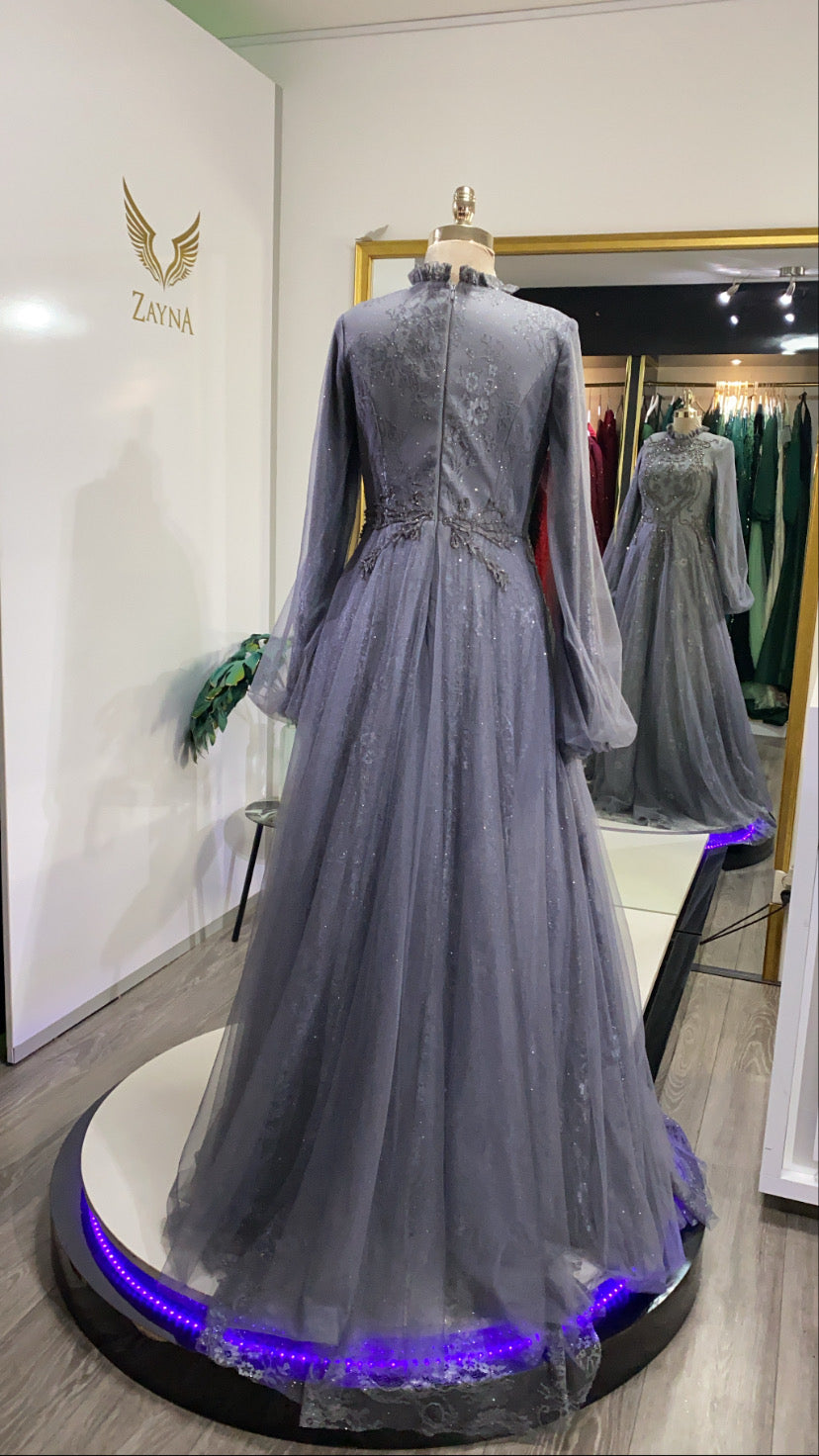 Elegant gray dress covered, beaded, tulle with glitter