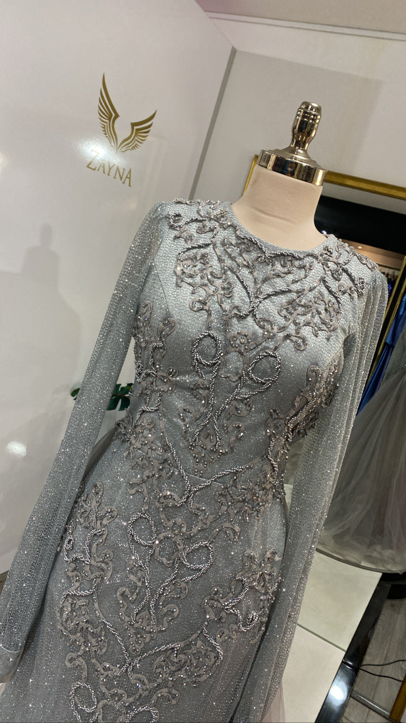 Beaded, tulle elegant gray dress