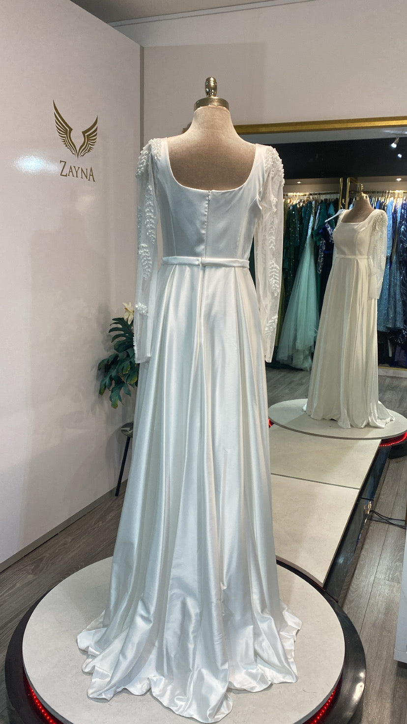 Elegant white dress decorated design soft satin