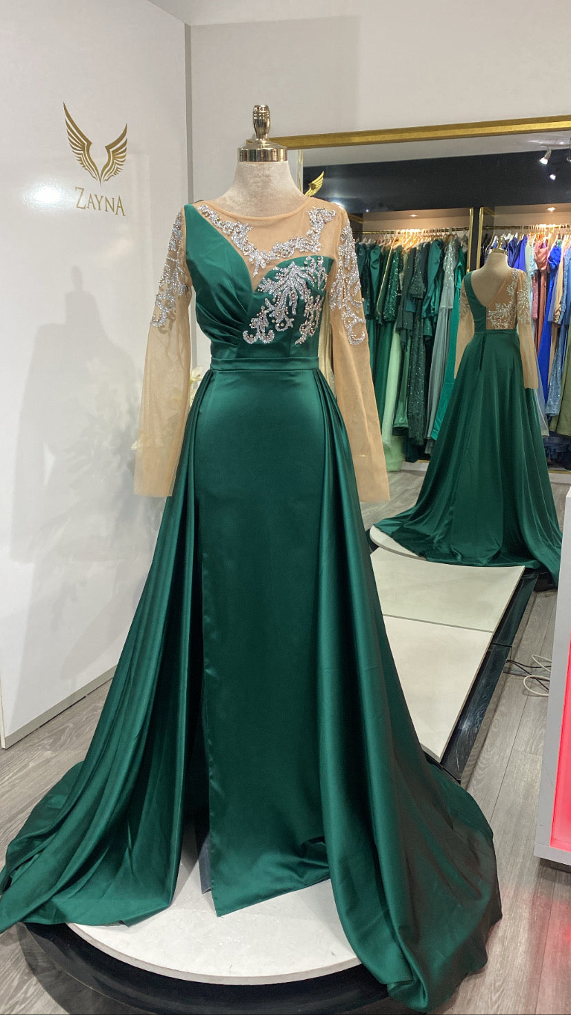 Elegant green dress decorated front back and sleeves and long veil Zayna Dresses Elegant green dress decorated front back and sleeves and long veil Zayna Dresses