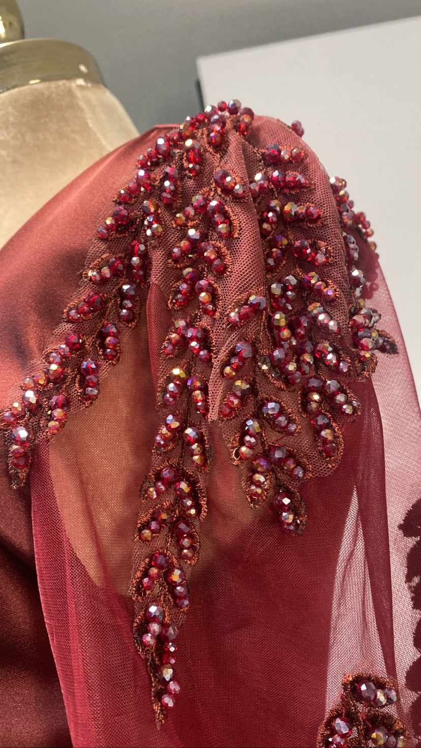 Elegant bordo dress satin processed design prism beads bordo dress