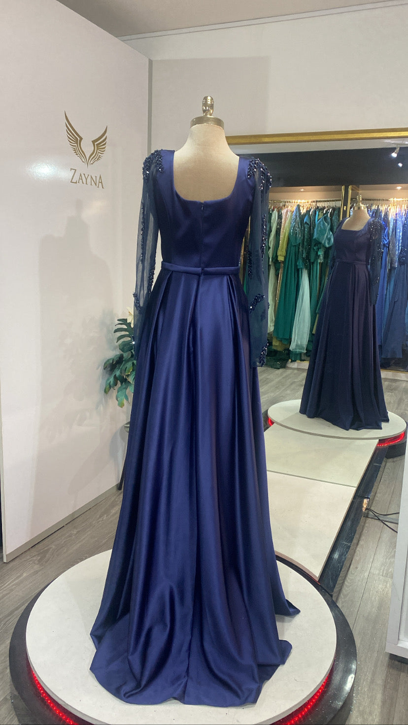 Elegant blue dress satin, decorated with beads