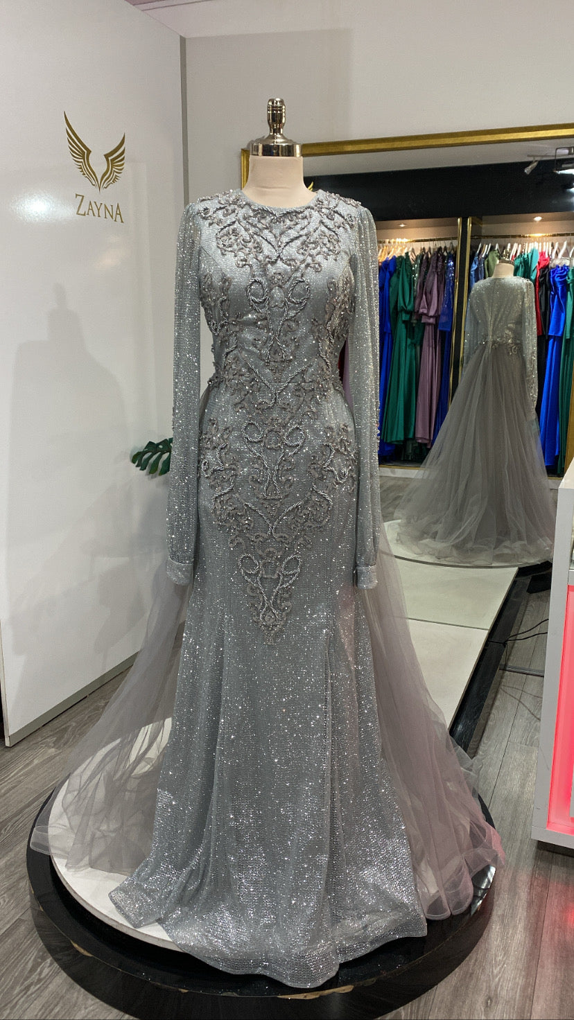 Beaded, tulle elegant gray dress