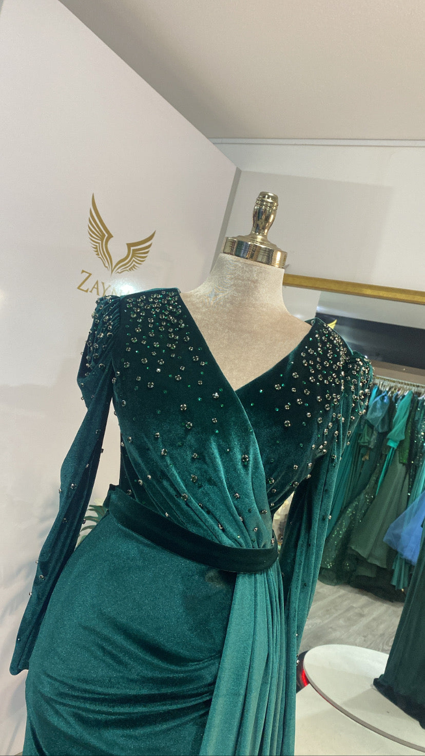 Elegant green dress decorated velvet