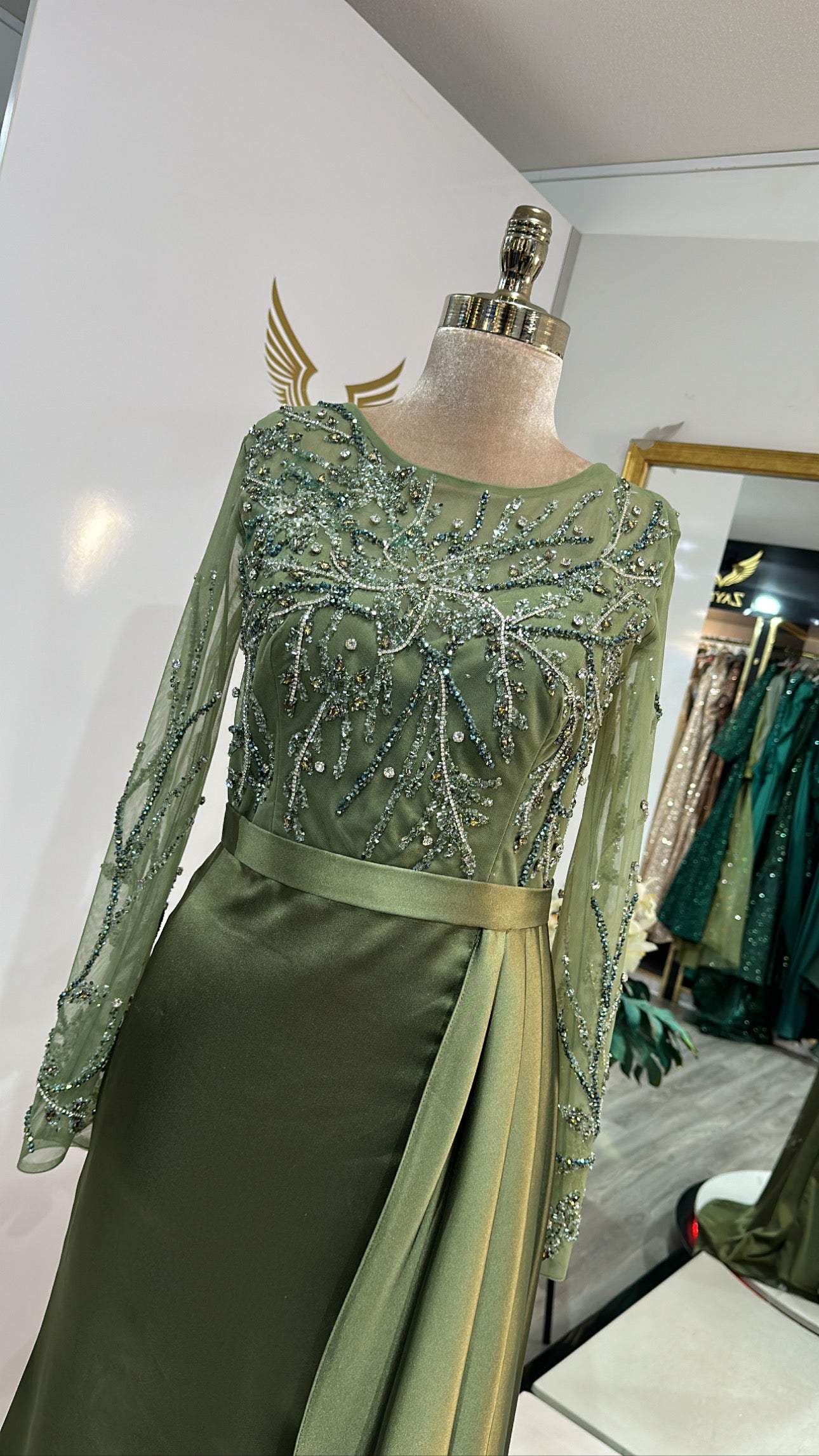 Elegant khaki green with beads, satin