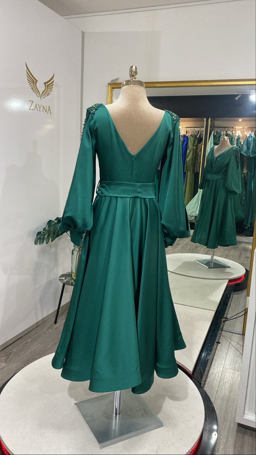 Midi green dress with embroidered crystals