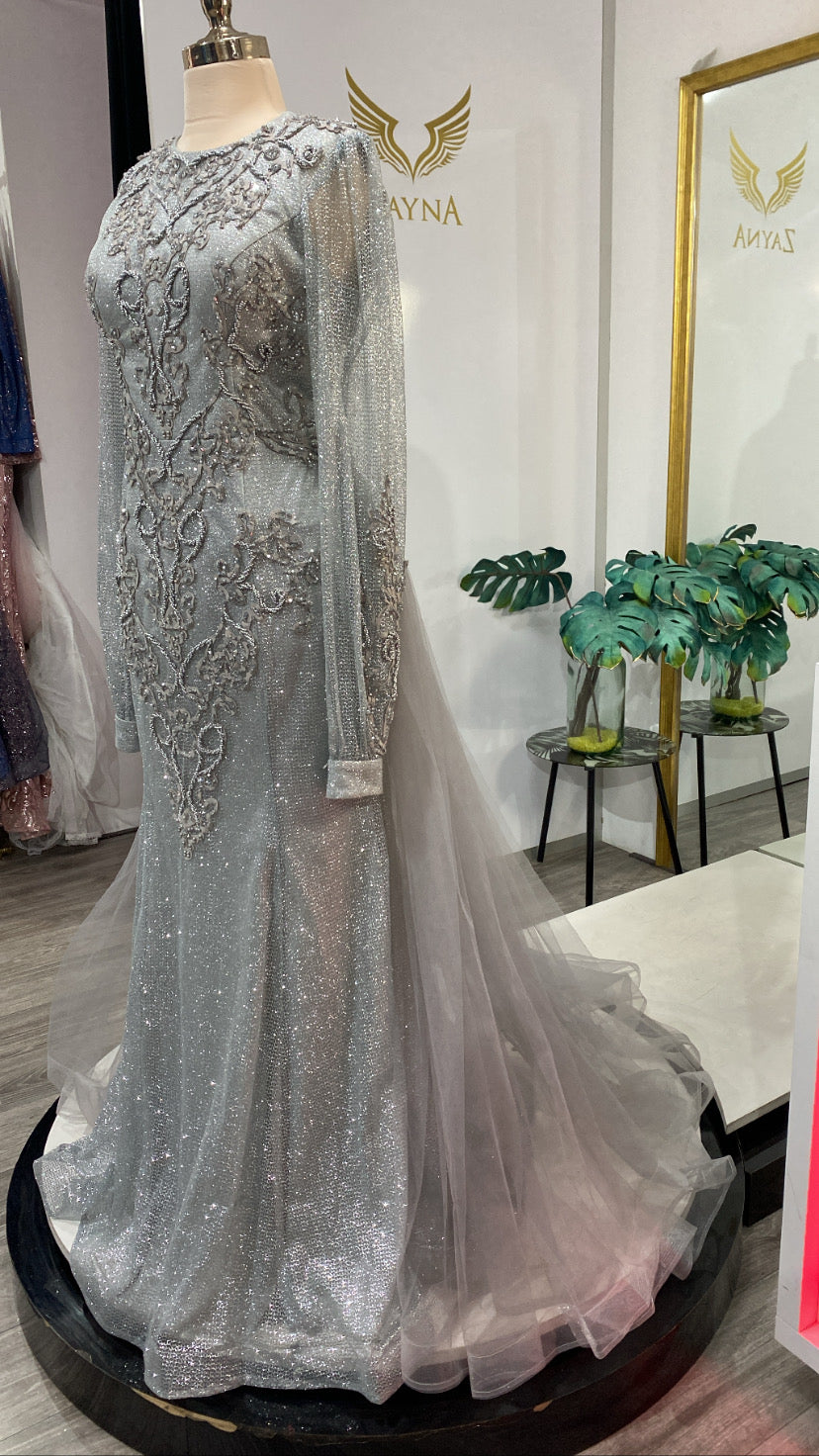 Beaded, tulle elegant gray dress