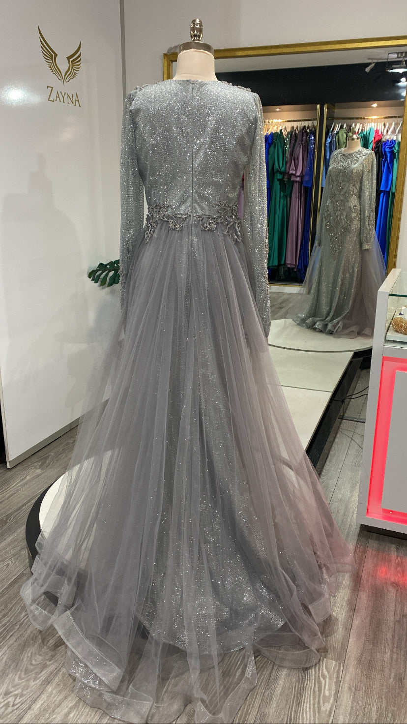 Beaded, tulle elegant gray dress