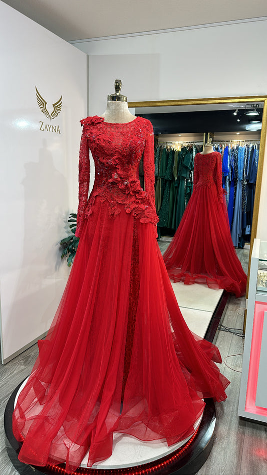 Beautiful red dress worked, design, tulle, lace