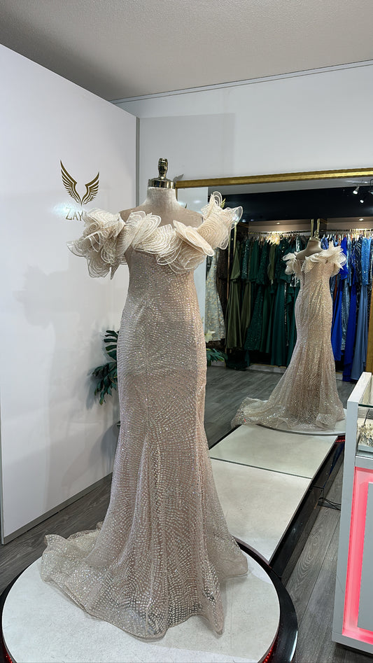 Elegant beige dress design, sparkles