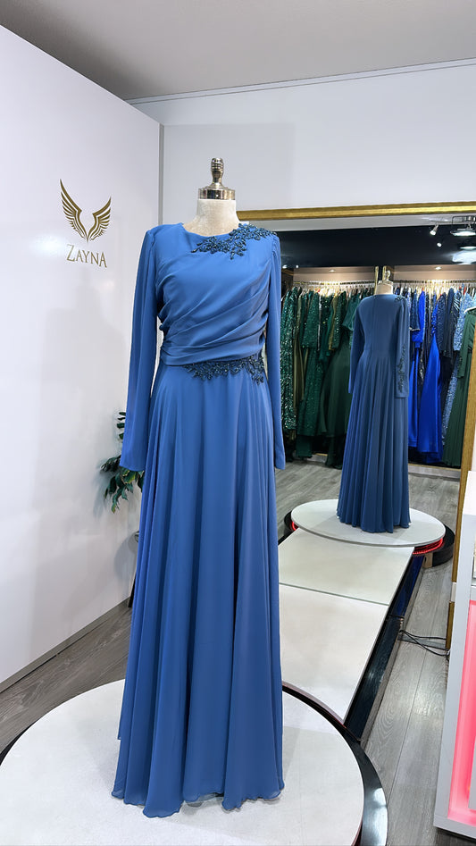 Amazing light blue covered dress, decorated with beads
