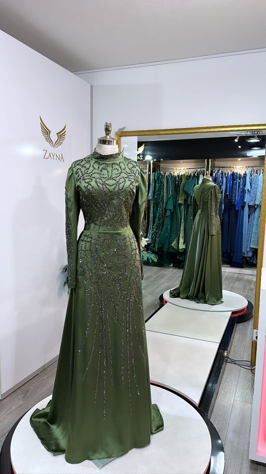 Amazing khaki dress decorated top and toe, covered dress, big sizes