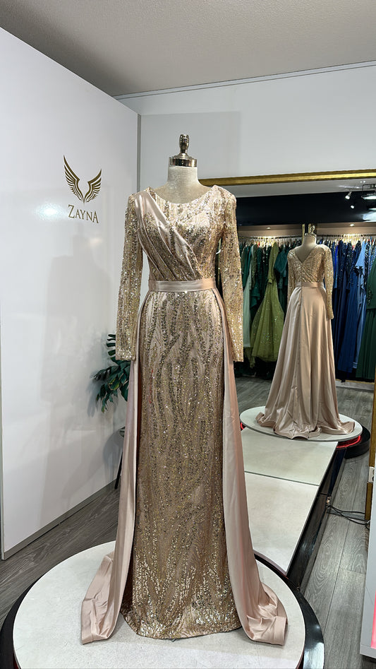 Beautiful gold dress decorated, train, satin