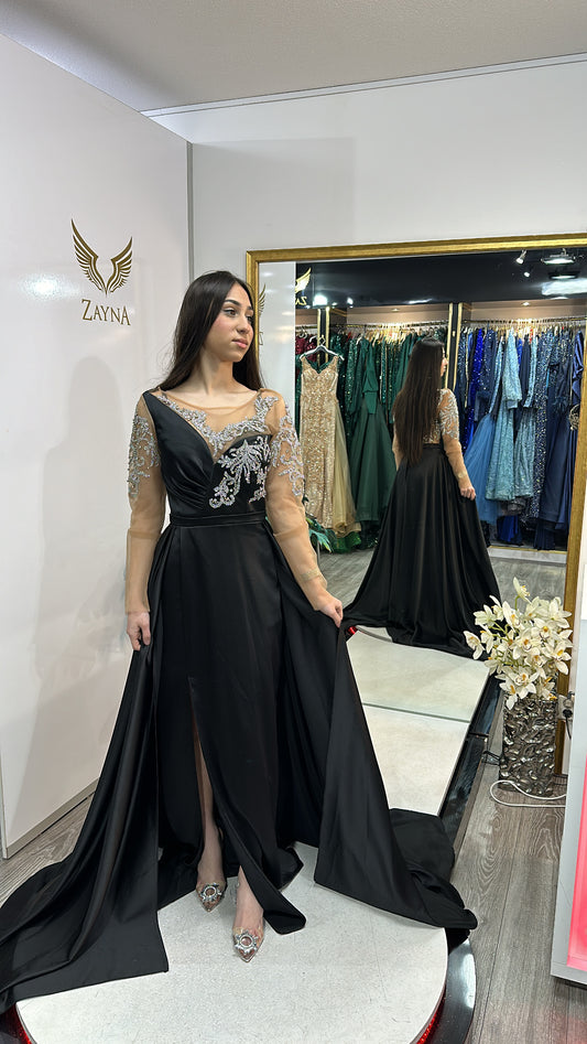 Elegant black dress with long train