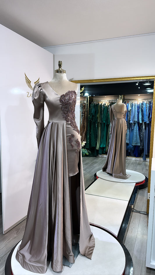 Elegant copper dress worked, train, short skirt, satin