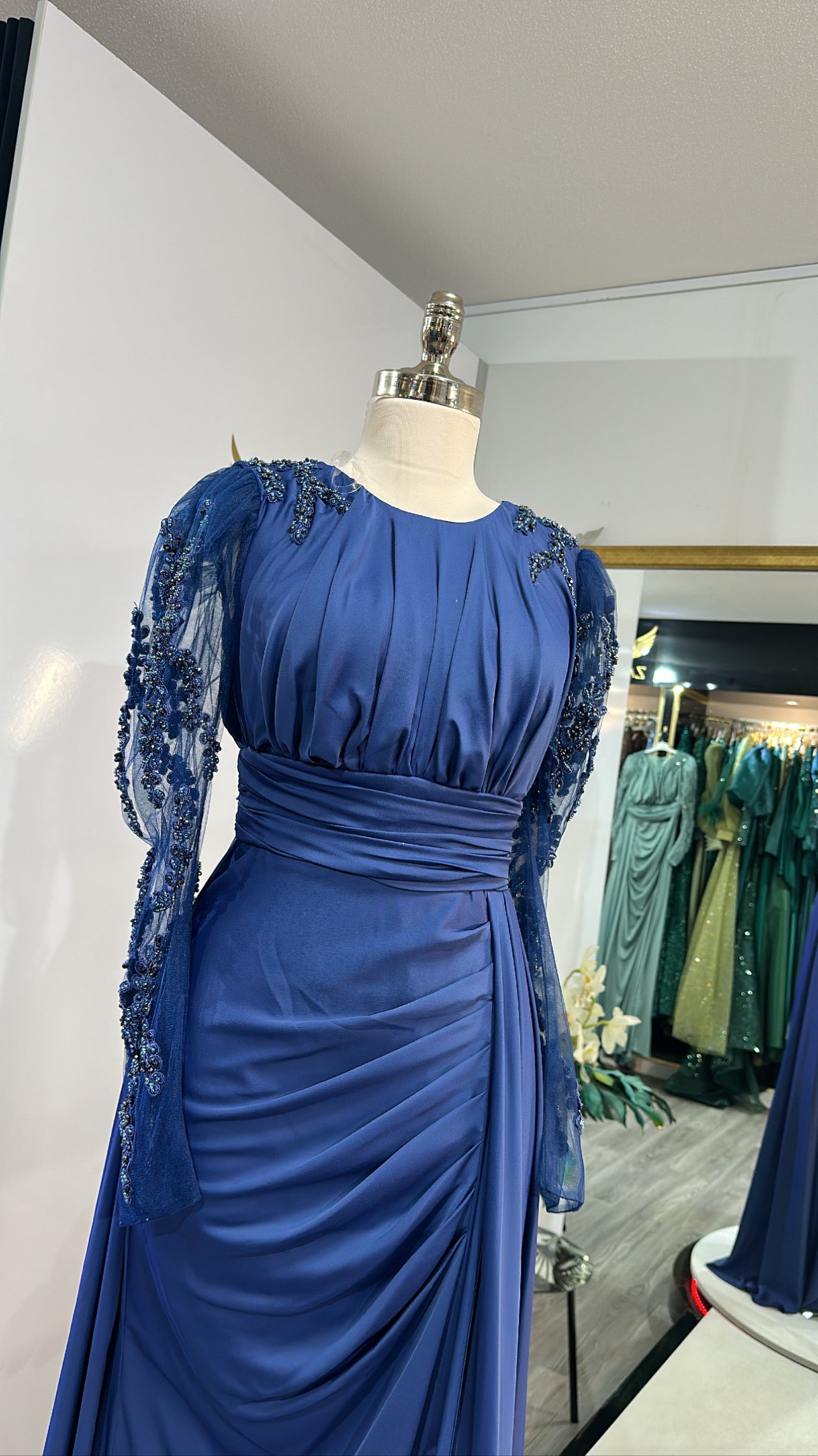 Elegant dark blue dress with beads, split