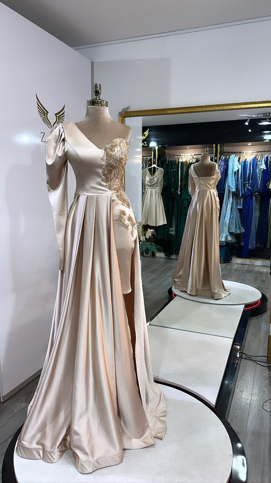 Elegant beige dress worked, train, short skirt, satin
