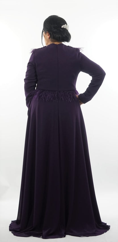 Purple long sleeved feather embellished maxi dress
