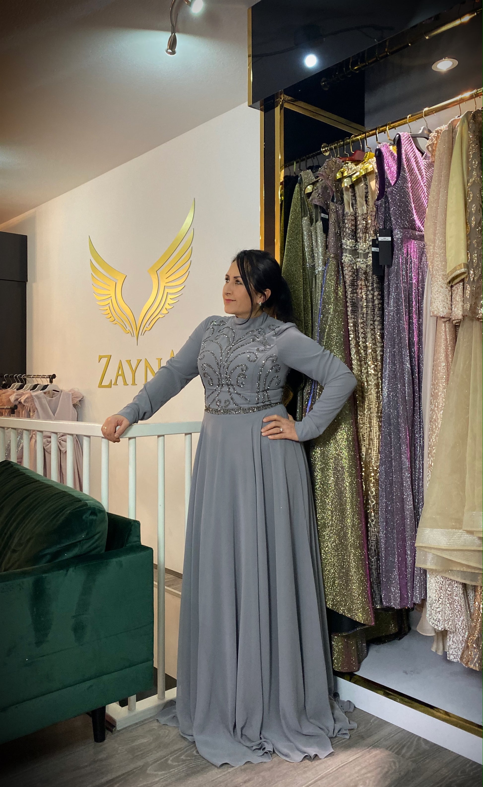 grey chiffon dress with sleeves Azazie Dunja