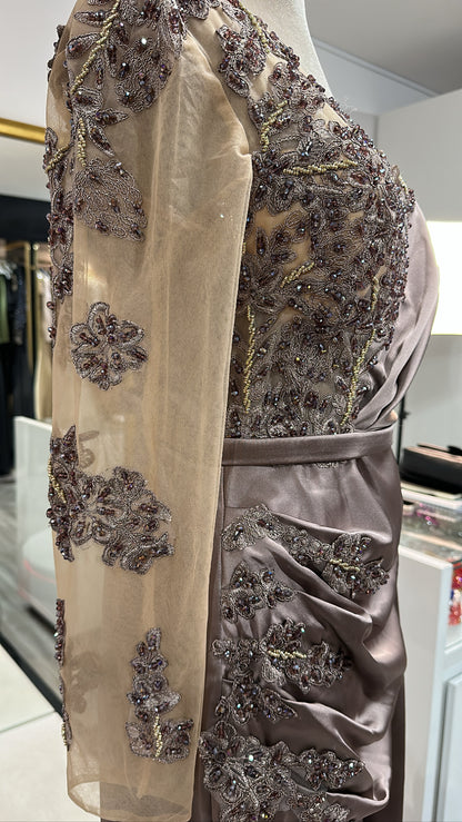 Elegant copper dress decorated with beaded design, satin with split