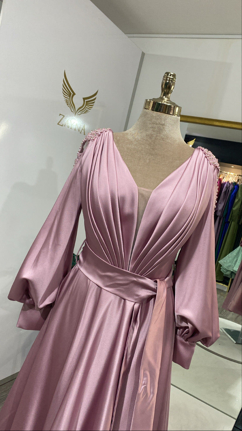 Midi pink dress with embroidered crystals