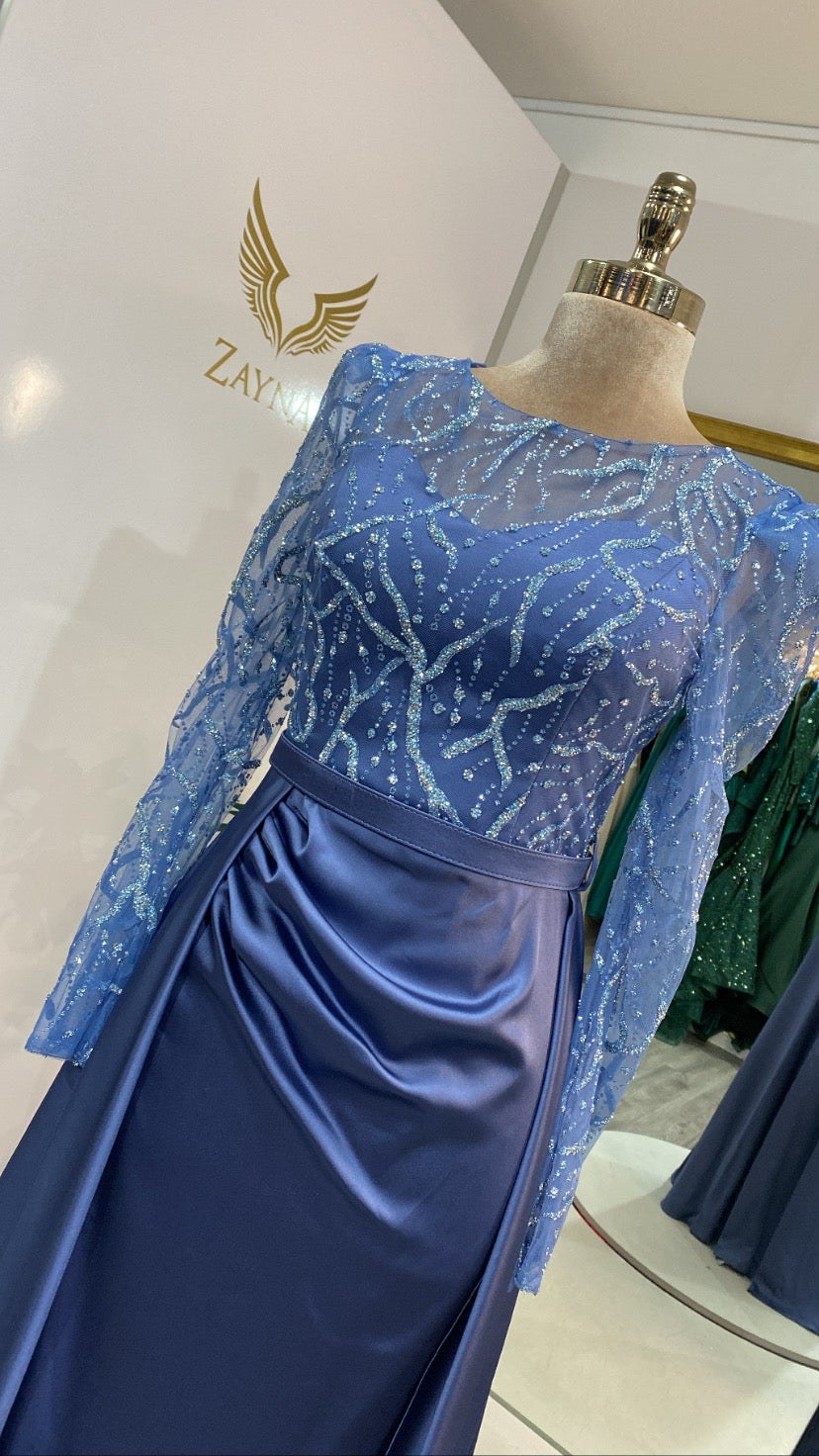 Elegant blue dress with train