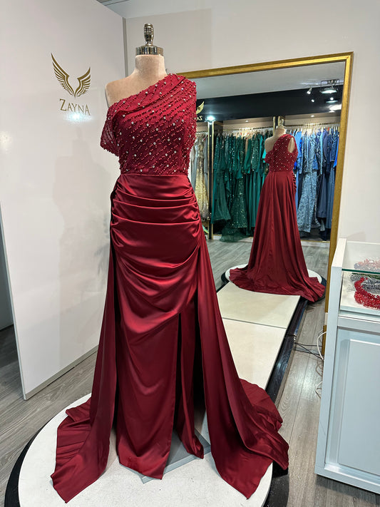 Elegant bordo dress decorated with beads, satin