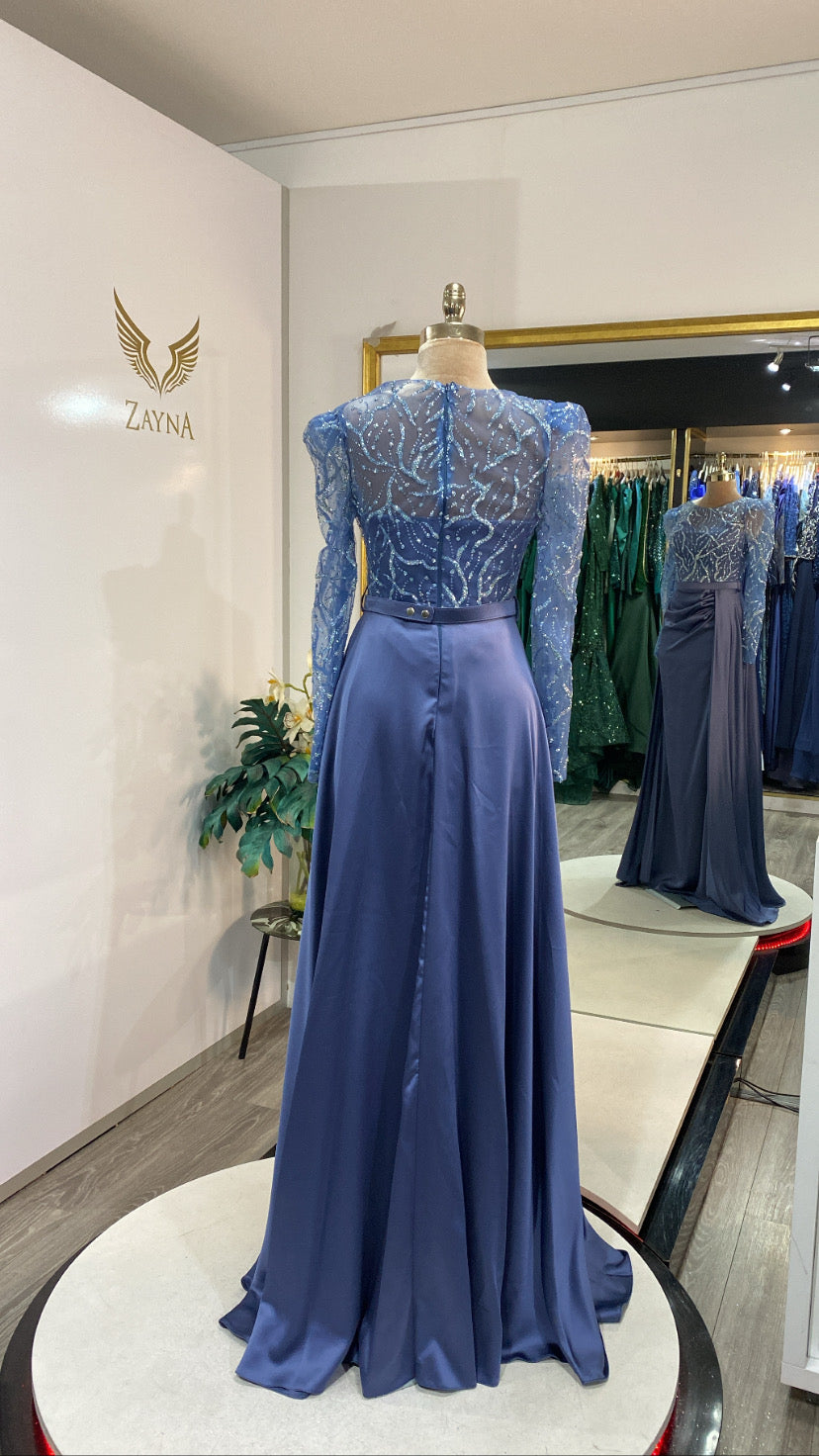 Elegant blue dress with train