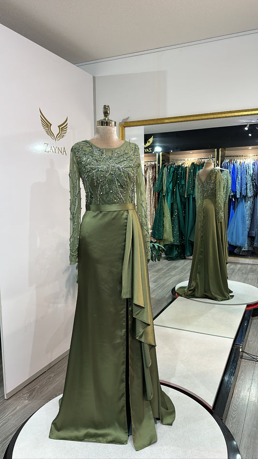 Elegant khaki green with beads, satin