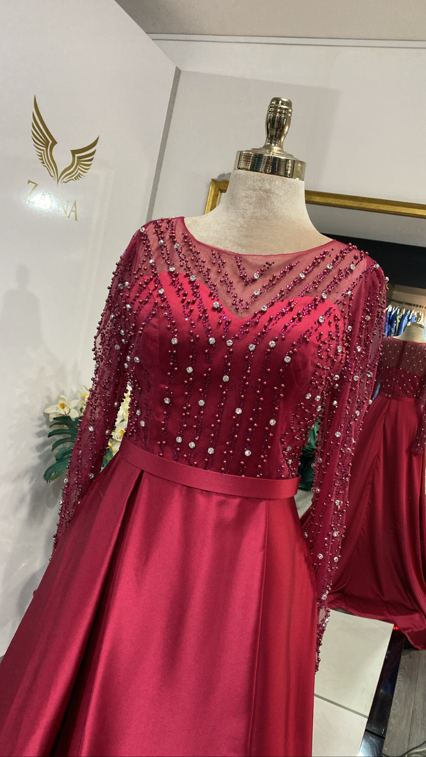 Elegant with beads dark pink dress