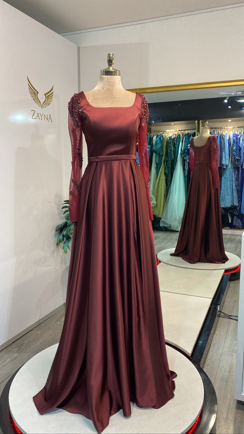 Elegant bordo dress satin processed design prism beads bordo dress
