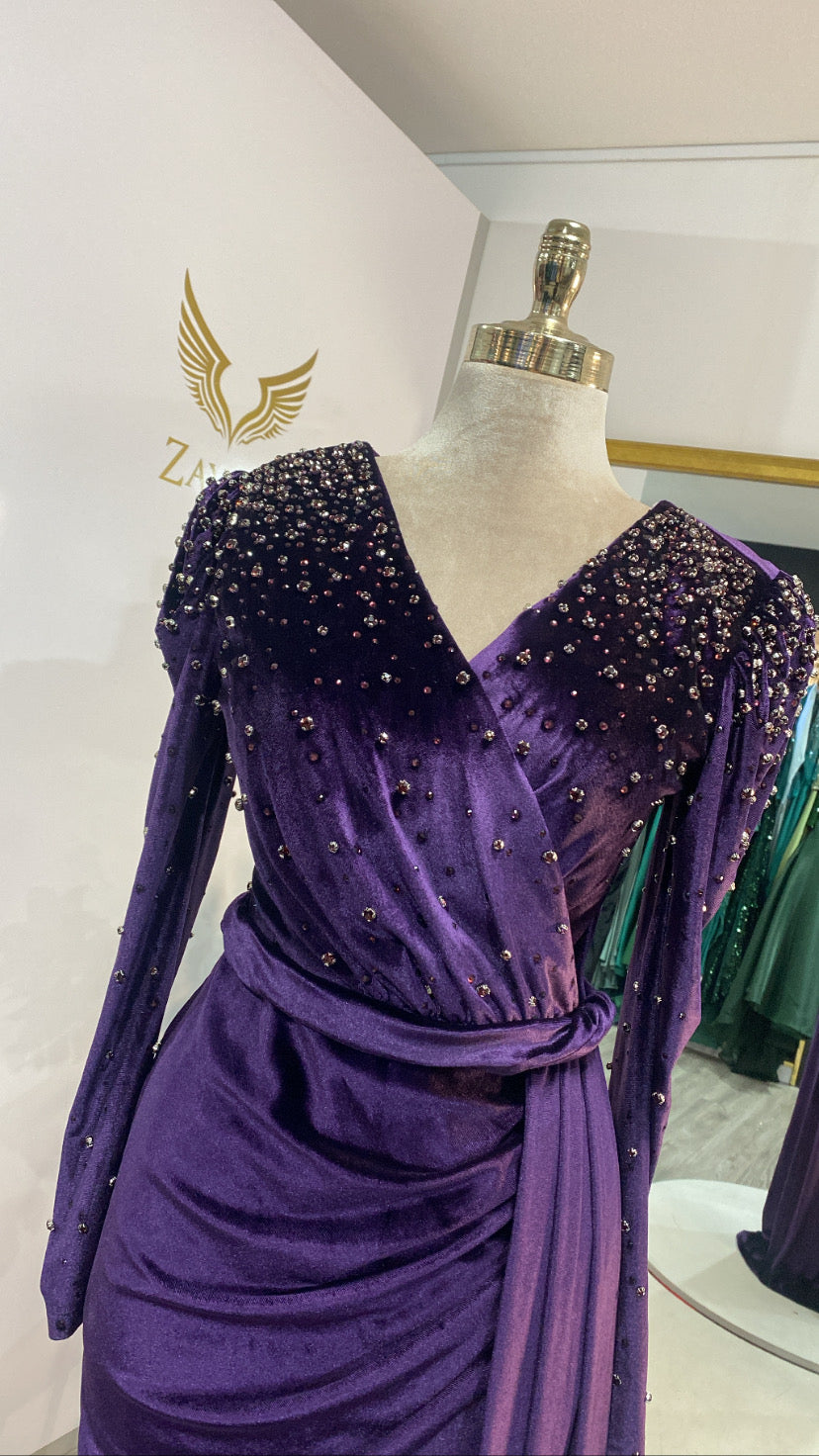 Elegant purple dress velvet fabric decorated