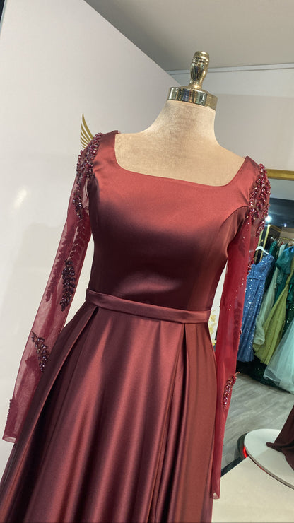 Elegant bordo dress satin processed design prism beads bordo dress