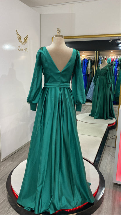 In green color with flowers and beads elegant dress