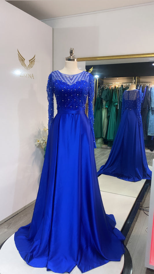 Elegant blue dress decorated with beads satin