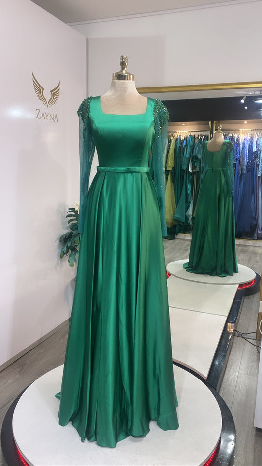 Elegant green dress satin. decorated sleeves with beads