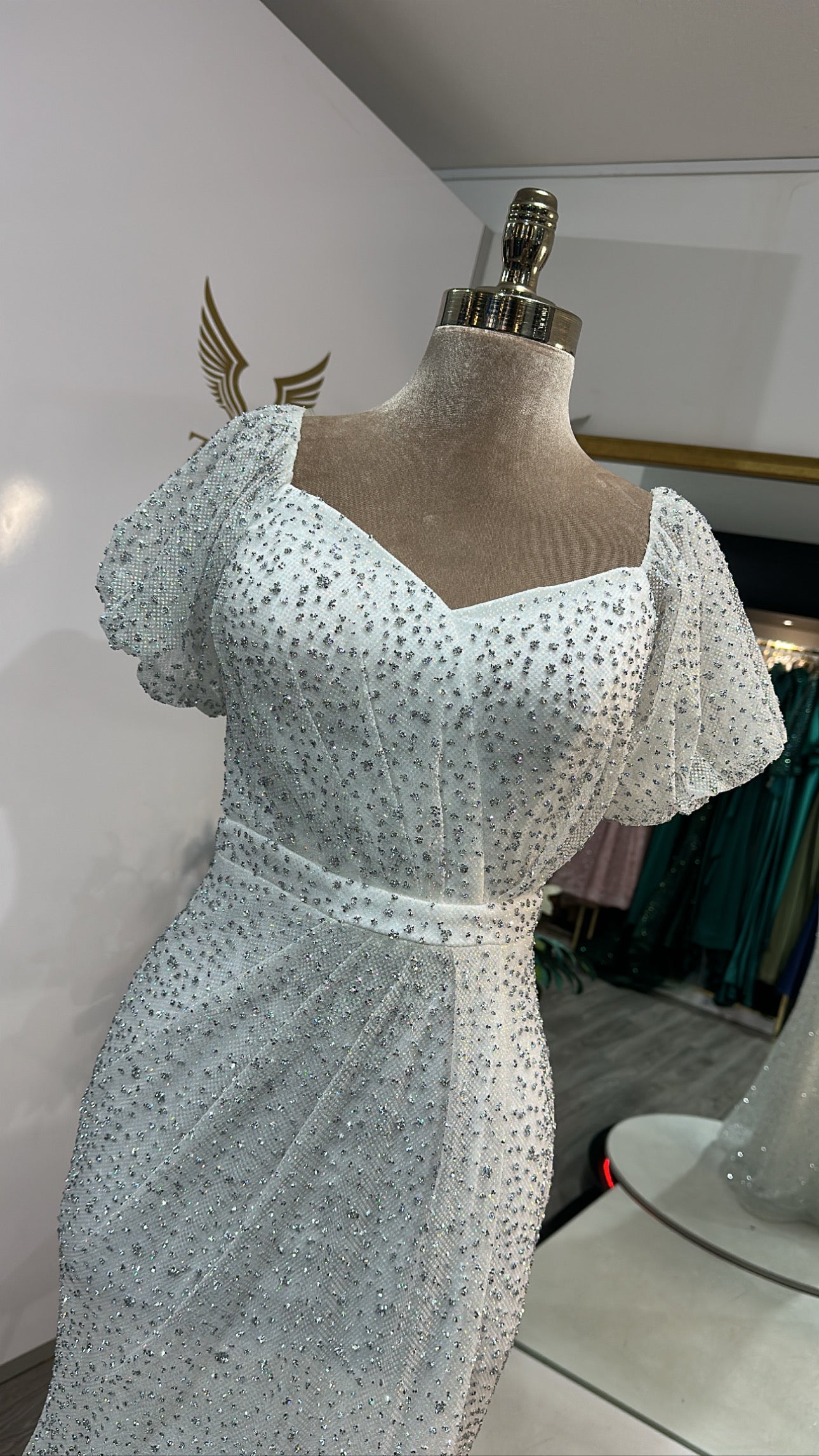 Elegant white dress with glitter, beads